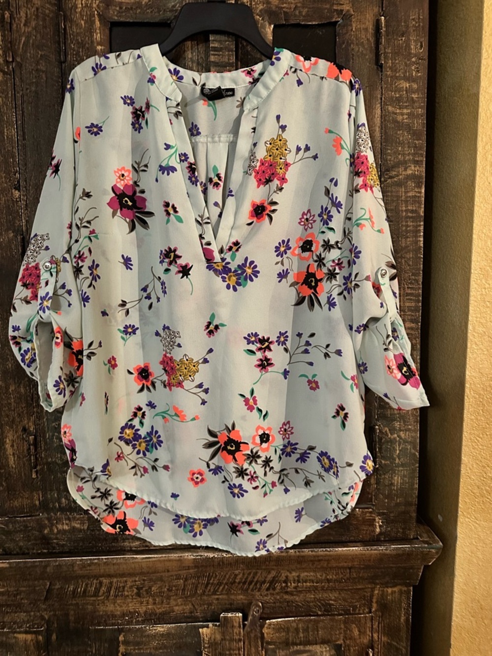 Signature Studio Mint  Floral Split-Neck Roll-Sleeve Tunic Large